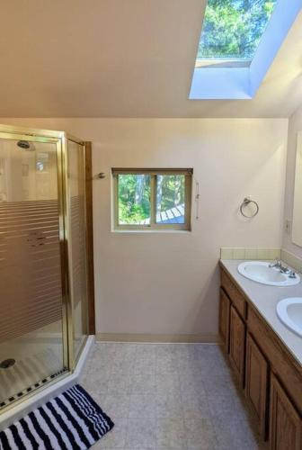 a bathroom with a shower and a sink at Villa w/ Amazing Bay Views Near Beach w/ Garden, Ping Pong in Eastsound