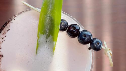 a cucumber and blueberries on a plate with a pickle at Hotel Amainah Bacalar Adults Only in Bacalar