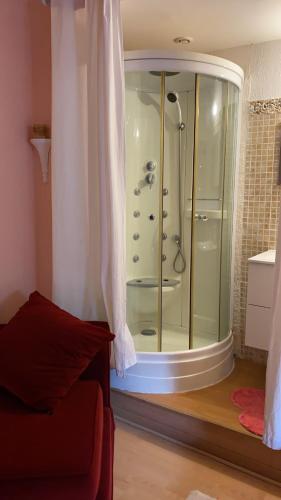 - une douche avec une porte en verre dans la chambre dans l'établissement Petit cocon, à Château-Chinon