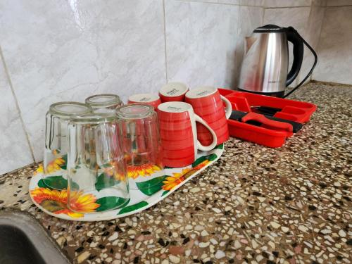 a plate with cups on top of a counter at Departamento Sarmiento in Rosario de la Frontera