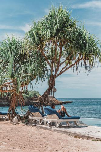 two people sitting on the beach under a palm tree at The Shacks at Sandy Bay in Nusa Lembongan