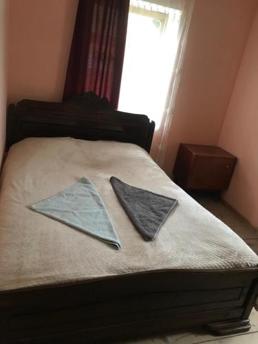a bed with two pillows on it with a window at Chvibiani Guesthouse & Bar in Ushguli