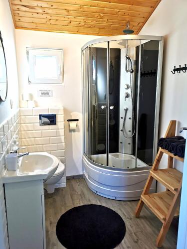 a bathroom with a shower and a sink at Strumyk Marzeń in Mikołajki