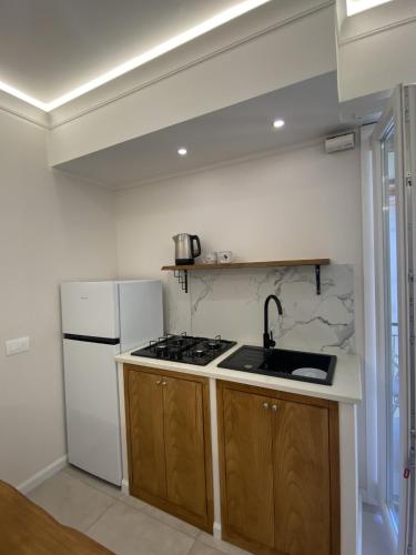 a kitchen with a sink and a white refrigerator at Koralline accommodation in Tropea