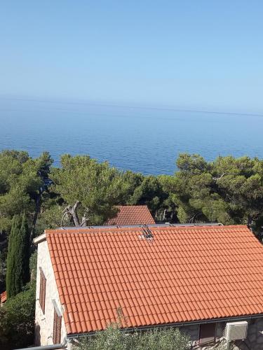 an orange roofed building with the ocean in the background at Apartments Berti in Sveta Nedelja
