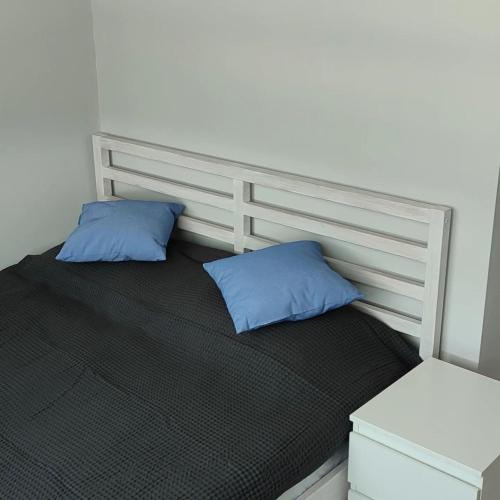 a bed with two blue pillows in a room at Apartamenty Wilga spokojne miejsce z całorocznym jacuzzi i letnim basenem in Wilga