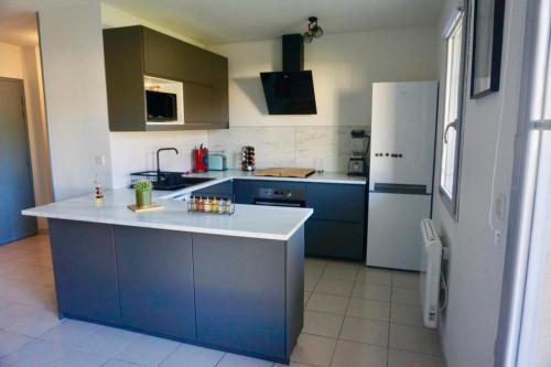 a kitchen with blue cabinets and a white refrigerator at Superbe appartement avec piscine in Aureilhan