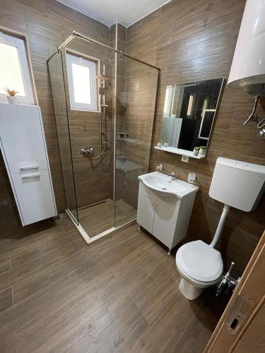 a bathroom with a toilet and a shower and a sink at Apartments Pericic in Sutomore
