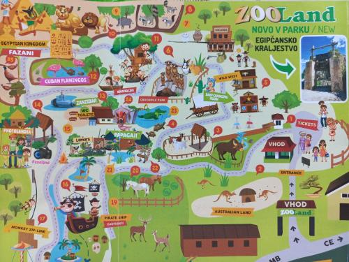 a map of the zoo with animals and attractions at Apartment Zeleni dragulj Pohorje in Oplotnica