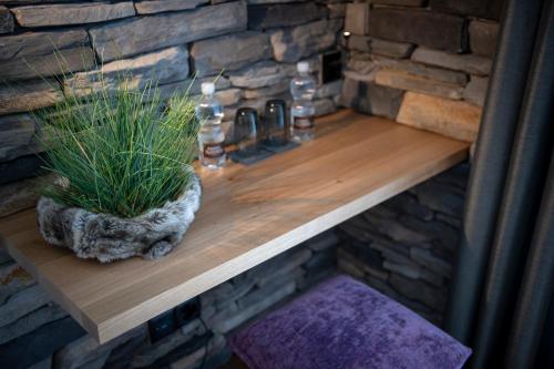 a wooden shelf with a potted plant on it at Berghotel Tgantieni in Lenzerheide