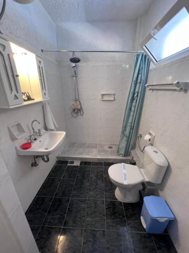 a bathroom with a toilet and a sink at Phoenix Beachside Condos in Kokóni