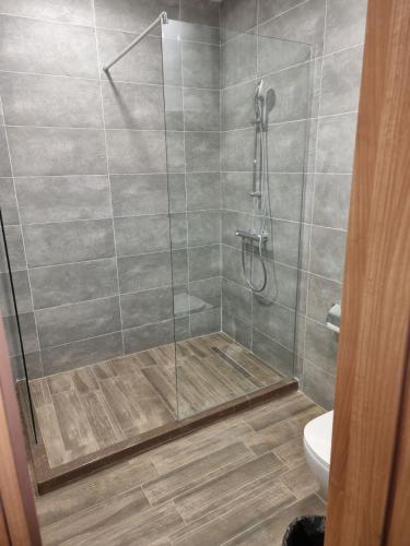 a shower with a glass door in a bathroom at Бутикови Студиа БРИТА in Kranevo