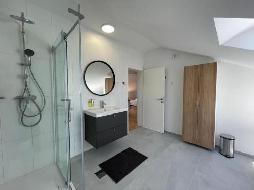 a bathroom with a sink and a mirror at Apartment ANMARI in Radovljica
