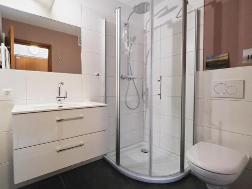 a bathroom with a shower and a toilet and a sink at Smile, wunderschöne Wohnung direkt am Strand in Harrislee