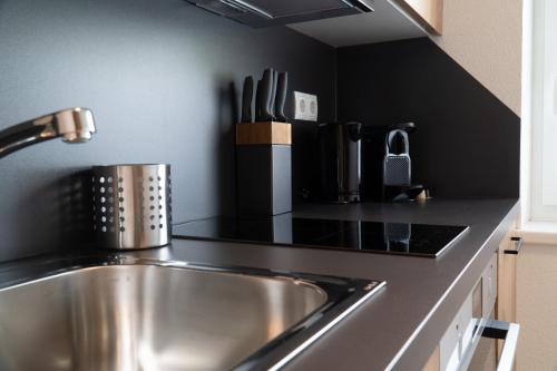 un bancone della cucina con lavello e utensili in acciaio inossidabile di Ferienwohnung Magdalena - Fritz Apartments a Innsbruck