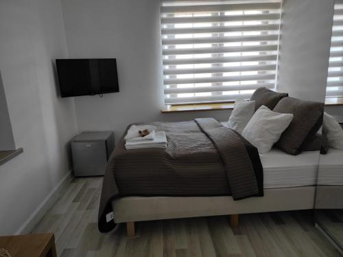 a bedroom with a bed and a television in a room at Dom Przy Plaży in Sarbinowo