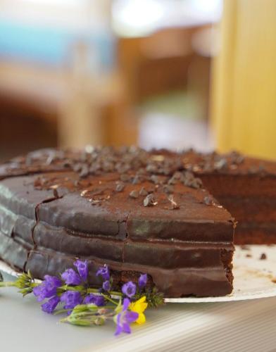 a chocolate cake sitting on a plate with purple flowers at Hotel Dolomiti Des Alpes in Misurina