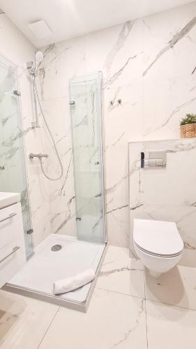a white bathroom with a shower and a toilet at Apartamenty Turystyczna 25 in Kudowa-Zdrój