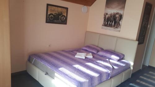 1 cama en un dormitorio con edredón púrpura en Apartman Dunja Banja Vrdnik, en Vrdnik