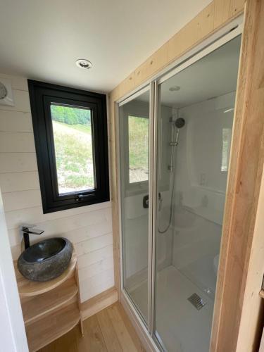 a bathroom with a glass shower and a sink at Tiny house avec spa privatif 
