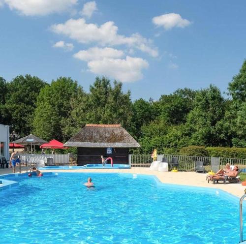 een zwembad met een prieel en mensen in het water bij De Gouwe, 158 - aan visvijver, de beste visstek in Gramsbergen