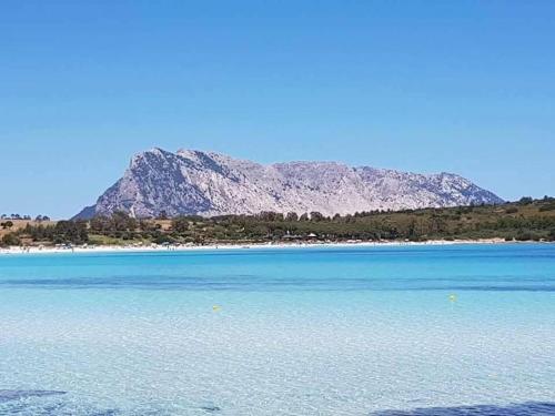 a large body of water with a mountain in the background at Amazing house 10 min by car from the beach in Olbia