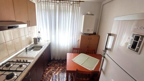 a small kitchen with a sink and a refrigerator at The Home in Hunedoara