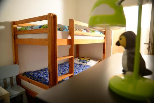 a toy dog sitting on a desk in a room with bunk beds at Ferienanlage Markus Nitsch in Bärenstein