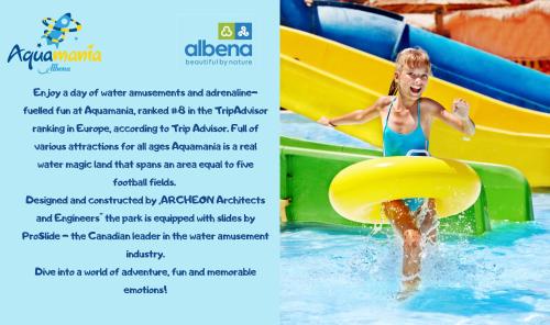 a flyer for a water park with a young girl on an inflatable at Calimera Ralitsa Superior Hotel - Ultra All Inclusive plus Aquapark in Albena