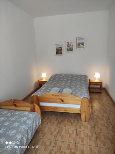 a bedroom with two twin beds and two lamps at Chata Pod Różą in Lędzin