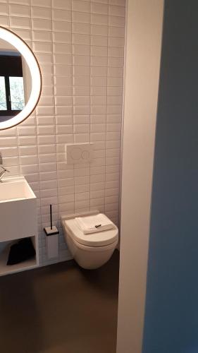 a bathroom with a toilet, sink and mirror at BLOOM Boutique Hotel & Lounge Basel in Basel