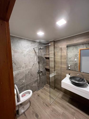 a bathroom with a shower and a toilet and a sink at Family House FreeДом in Sinemorets