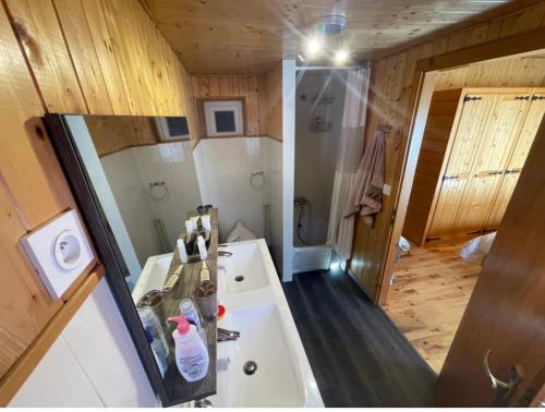 a bathroom with a sink and a mirror in a room at La Clusaz Ski aux pieds in La Clusaz