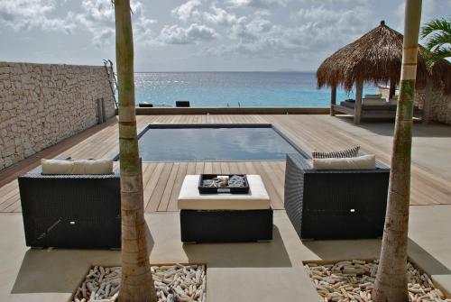 ein Swimmingpool mit zwei Palmen neben dem Meer in der Unterkunft OCEANFRONT VILLA WITH ACCES CARIBBEAN SEA in Kralendijk