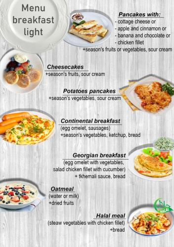 a menu of food items for breakfast and lunch at Hostel VOYAGE in Batumi