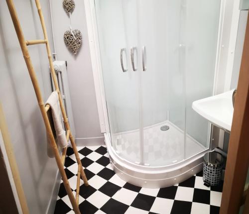 ein Badezimmer mit Dusche und schwarz-weiß kariertem Boden in der Unterkunft F3 proche centre-ville - Cote Blatin in Clermont-Ferrand