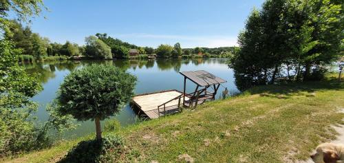 a small dock on a lake with a small tree at Sárberki Horgásztó in Lenti