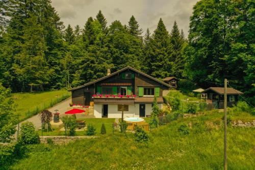 a house in the middle of a hill with trees at Chalet en pleine nature avec Spa in Le Locle