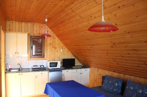 a kitchen with wooden walls and a blue table at Sárberki Horgásztó in Lenti