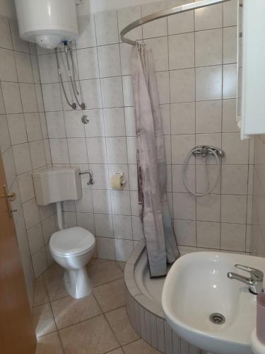 a small bathroom with a toilet and a sink at Apartmani Karla in Dugi Rat