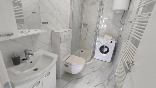 a bathroom with a toilet and a shower and a sink at Apartment Tea 2 in Okrug Donji