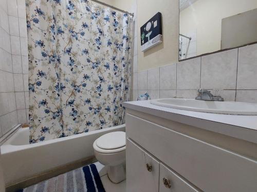 a bathroom with a sink toilet and a shower curtain at Dancehall Hostel in Kingston