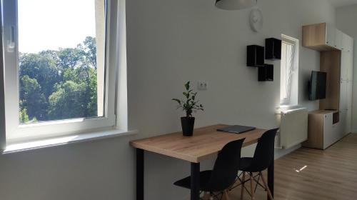 um quarto com uma mesa e cadeiras e uma janela em Studio 4 Piętro II em Sopot