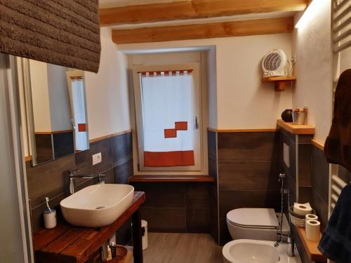 uma casa de banho com um lavatório e um WC em Appartamento con terrazza - Aymavilles em Aymavilles