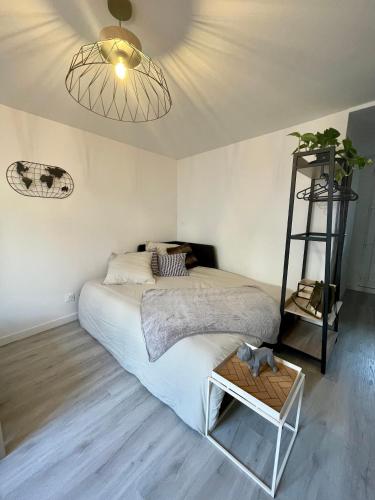 a bedroom with a large bed and a shelf at Faubourg des voyageurs n°4 in Saran