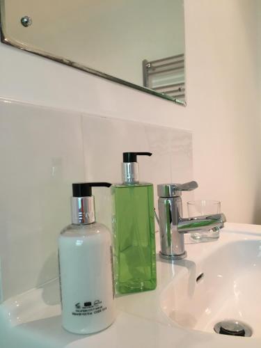 un lavabo con una botella de jabón y un espejo en Ballacowell, en Sulby