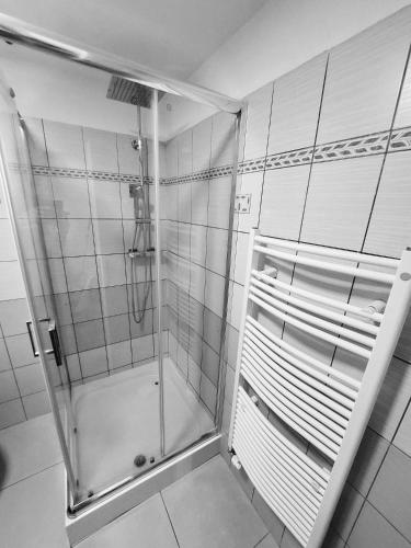 a shower with a glass door in a bathroom at Panoramatický apartmán Tatry in Nová Lesná