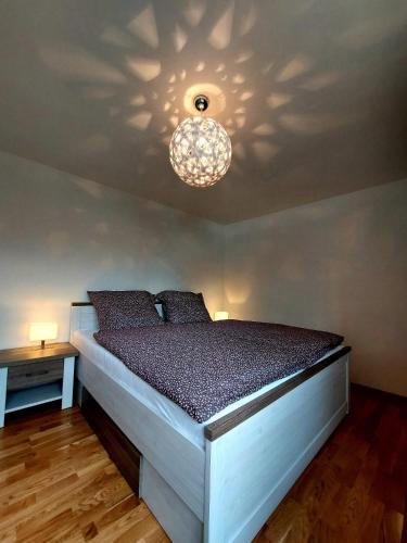 a bedroom with a bed with a light on the ceiling at Panoramatický apartmán Tatry in Nová Lesná