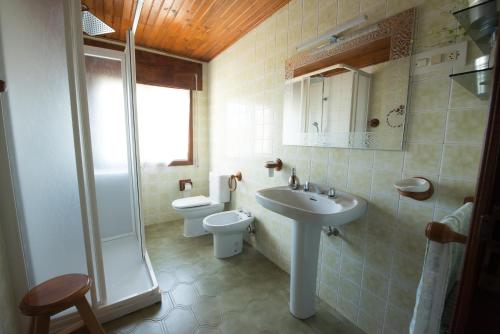 uma casa de banho com um lavatório, um WC e um chuveiro em Finca Bouzas em Teo