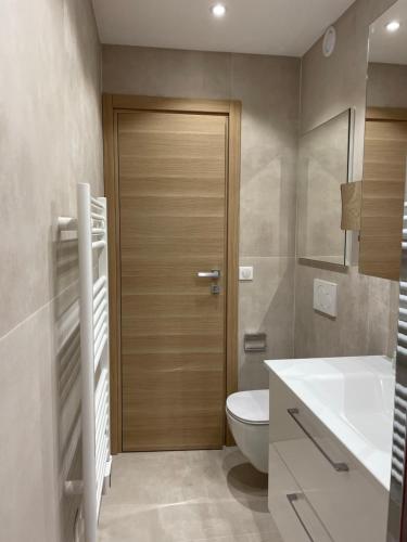 a bathroom with a toilet and a wooden door at Forum in Antibes
